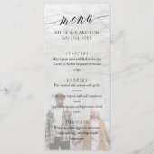 Schwarze Delikatkalligraphie Elegantes Foto Hochze Menükarte (Vorderseite)