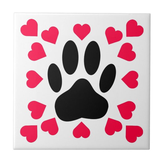 Schwarze Dog Paw Druck mit Herzformen Fliese (Vorderseite)