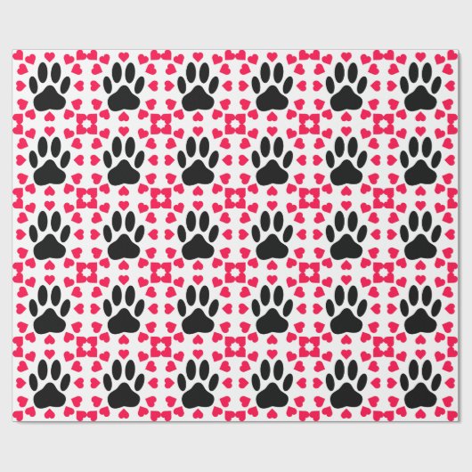 Schwarze Dog Paw Druck mit Herzformen Geschenkpapier (Flach)
