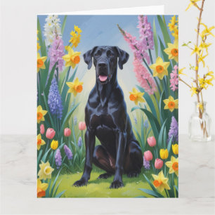 Schwarze Dogge Frühjahrsblumenmalerei Karte