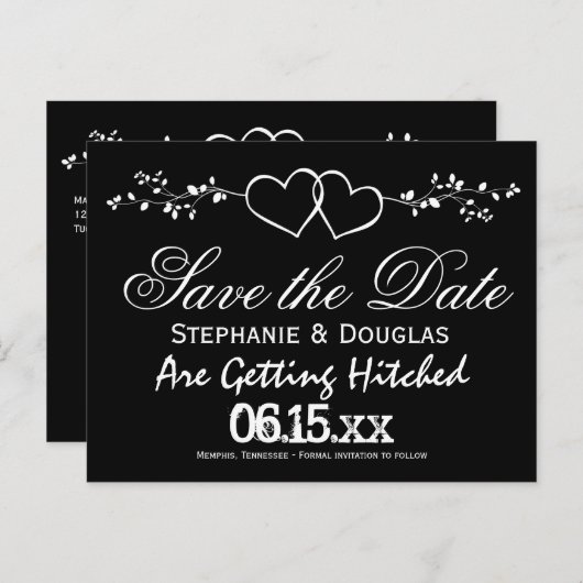 Schwarze Doppelherzen Save the Date Postkarten (Vorne/Hinten)