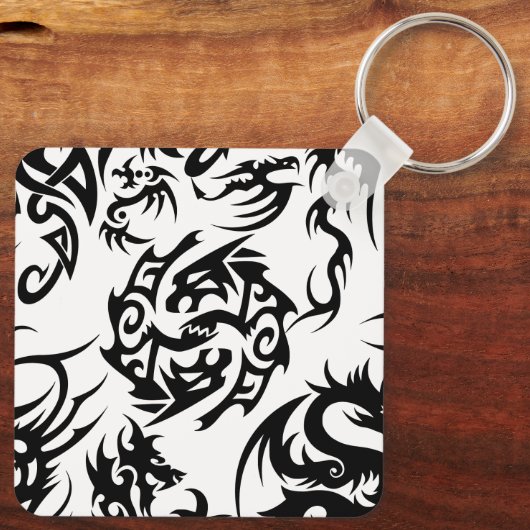 Schwarze Drachen Muster Kontur.b Grau BG Schlüsselanhänger (Rückseite)
