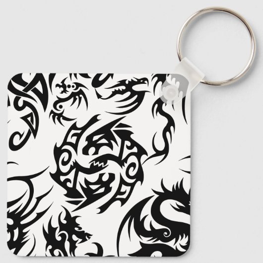 Schwarze Drachen Muster Kontur.b Grau BG Schlüsselanhänger (Rückseite)