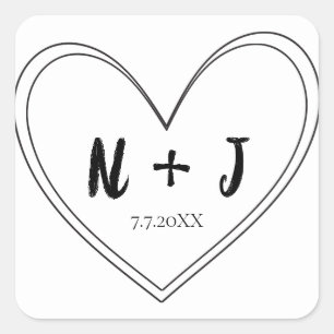 Schwarze dünne Herz Hochzeit personalisiert Quadratischer Aufkleber