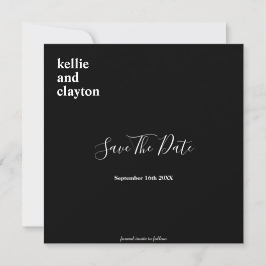 Schwarze, einfache moderne Hochzeiten sichern das Save The Date (Vorderseite)