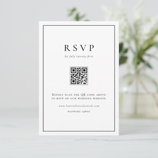 Schwarze einfache Typografie QR Code Formal Weddin RSVP Karte (Stehend Vorderseite)