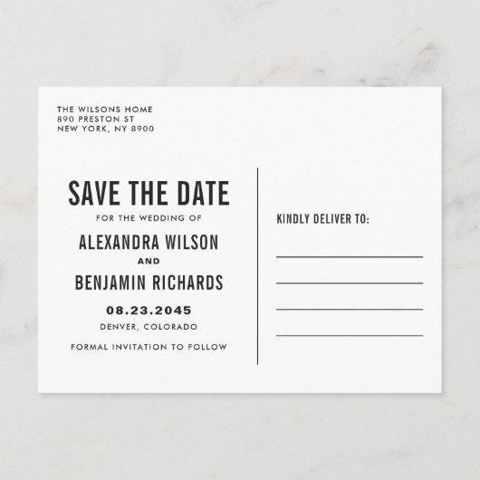 Schwarze einfache Typografie Save the Date Postkar Ankündigungspostkarte (Rückseite)