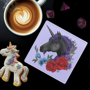 Schwarze Einhorn-Blume Lila Glasuntersetzer
