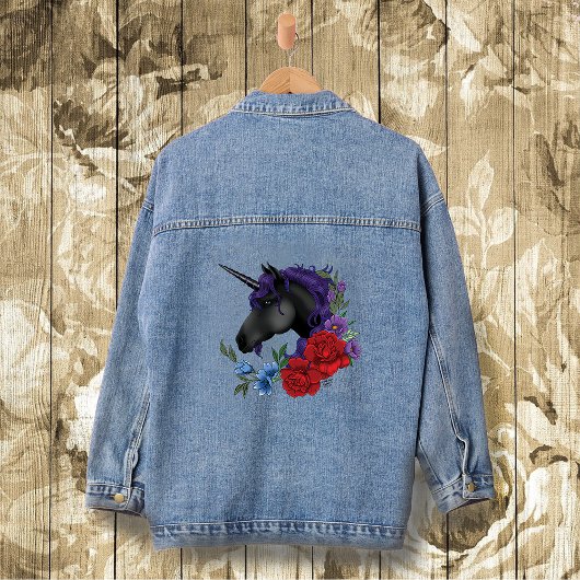 Schwarze Einhorn-Blume Lila Jeansjacke