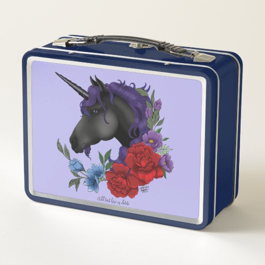 Schwarze Einhorn-Blume Lila Metall Brotdose (Rückseite)