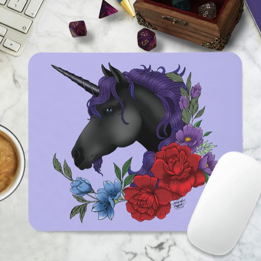 Schwarze Einhorn-Blume Lila Mousepad