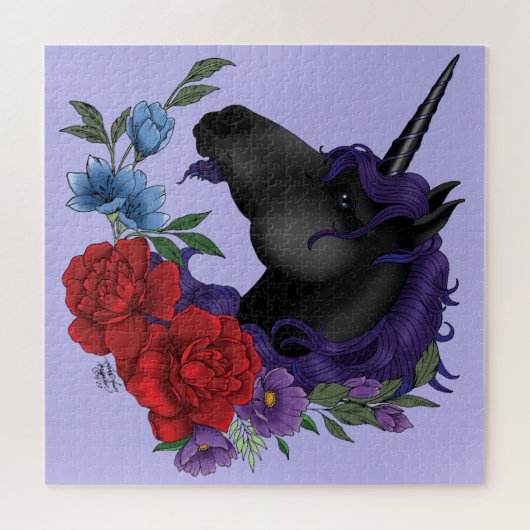 Schwarze Einhorn-Blume Lila Puzzle (Horizontal)
