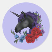 Schwarze Einhorn-Blume Lila Runder Aufkleber (Vorderseite)