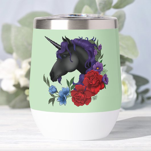 Schwarze Einhorn Lila rote Blume