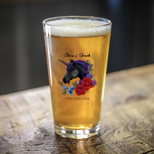 Schwarze Einhorn-Lila Rote Blume Glas