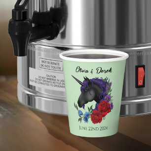 Schwarze Einhorn-Lila Rote Blume Pappbecher