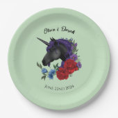 Schwarze Einhorn-Lila Rote Blume Pappteller (Vorderseite)
