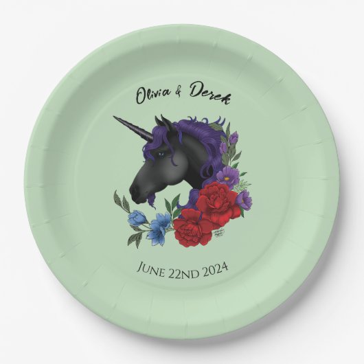 Schwarze Einhorn-Lila Rote Blume Pappteller (Vorderseite)
