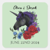 Schwarze Einhorn-Lila Rote Blume Quadratischer Aufkleber (Vorderseite)