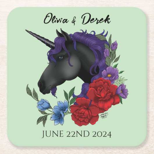 Schwarze Einhorn-Lila Rote Blume Rechteckiger Pappuntersetzer (Vorderseite)