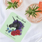 Schwarze Einhorn-Lila Rote Blume Rechteckiger Pappuntersetzer