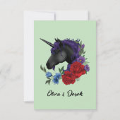 Schwarze Einhorn-Lila Rote Blume RSVP Karte (Rückseite)