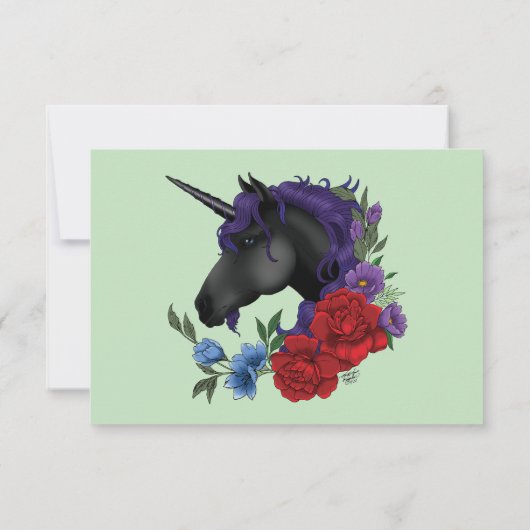 Schwarze Einhorn-Lila Rote Blume RSVP Karte (Rückseite)