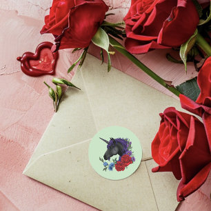 Schwarze Einhorn Lila Rote Blume Runder Aufkleber