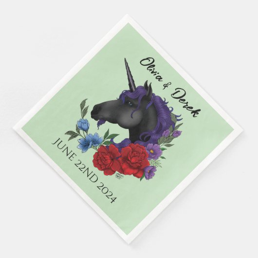 Schwarze Einhorn-Lila Rote Blume Serviette (Ecke)