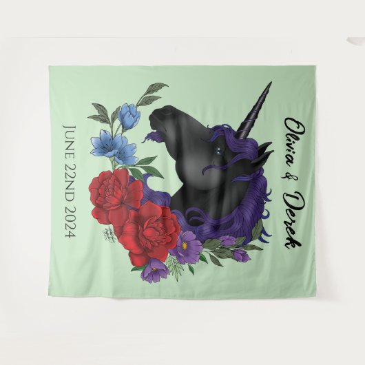 Schwarze Einhorn Rote Lila Blume Wandteppich (Vorderseite (Horizontal))
