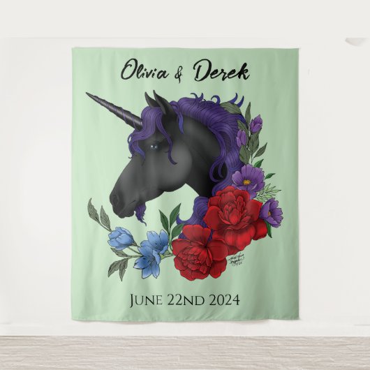 Schwarze Einhorn Rote Lila Blume Wandteppich (Vorderseite)