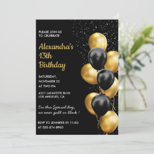 Schwarze Einladungen zum 13. Geburtstag Gold Glitt
