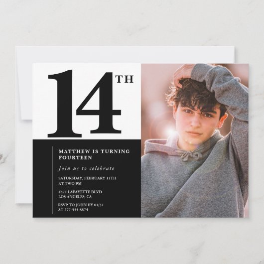 Schwarze Einladungen zum 14. Geburtstag Eleganter  (Vorderseite)