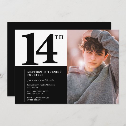 Schwarze Einladungen zum 14. Geburtstag Eleganter (Vorne/Hinten)