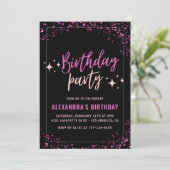 Schwarze Einladungen zum 14. Geburtstag Rosa Glitz (Stehend Vorderseite)