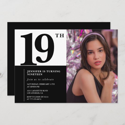 Schwarze Einladungen zum 19. Geburtstag Eleganter (Vorne/Hinten)