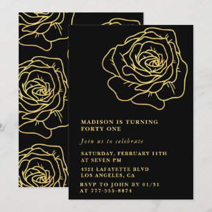 Schwarze Einladungen zum 41. Geburtstag Gold Flora