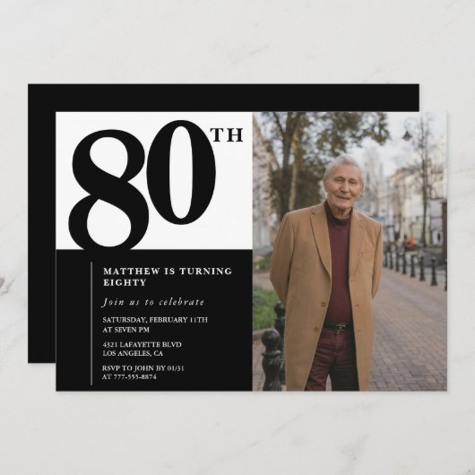 Schwarze Einladungen zum 80. Geburtstag Eleganter (Vorne/Hinten)