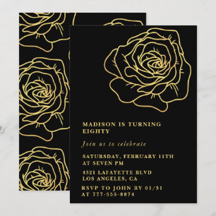 Schwarze Einladungen zum 80. Geburtstag Gold Flora