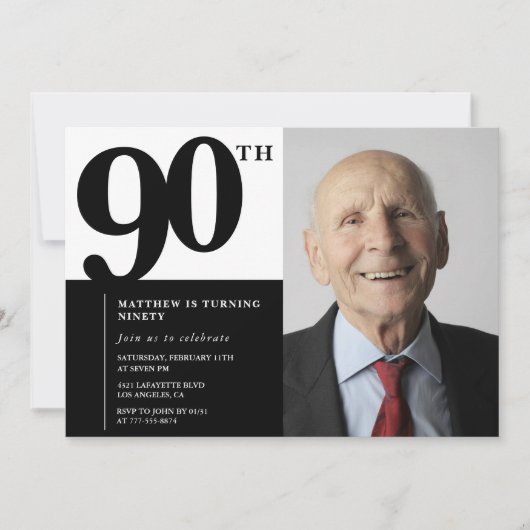 Schwarze Einladungen zum 90. Geburtstag Eleganter (Vorderseite)