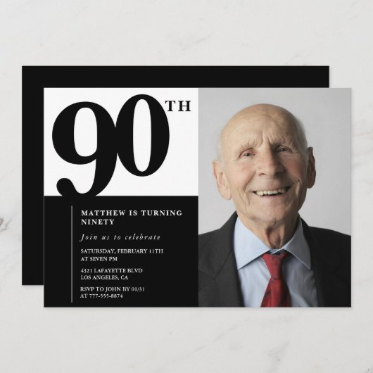 Schwarze Einladungen zum 90. Geburtstag Eleganter (Vorne/Hinten)