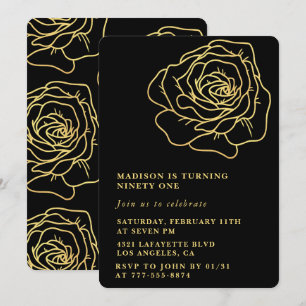 Schwarze Einladungen zum 91. Geburtstag Gold Flora