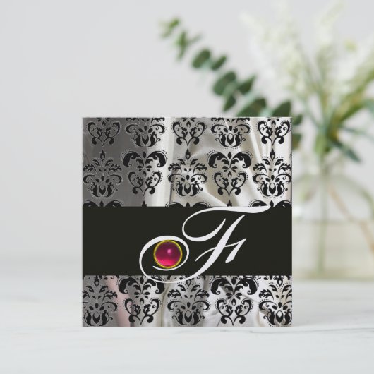 SCHWARZE EISSILK DAMASK KLOTH MONOGRAMM PINK RUBY EINLADUNG (Stehend Vorderseite)