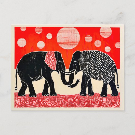 Schwarze Elefanten mit roten Monden Feiertagspostkarte (Vorderseite)