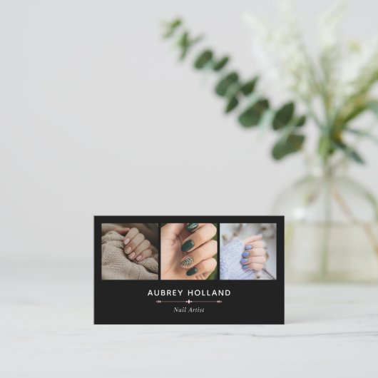 Schwarze Elegant Nail Artist Foto Collage Visitenkarte (Stehend Vorderseite)