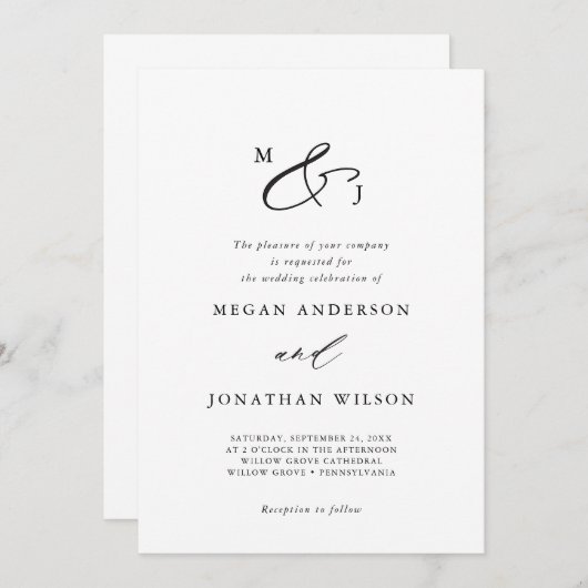 Schwarze Elegant Script Ampersand Typografie Forma Einladung (Vorne/Hinten)