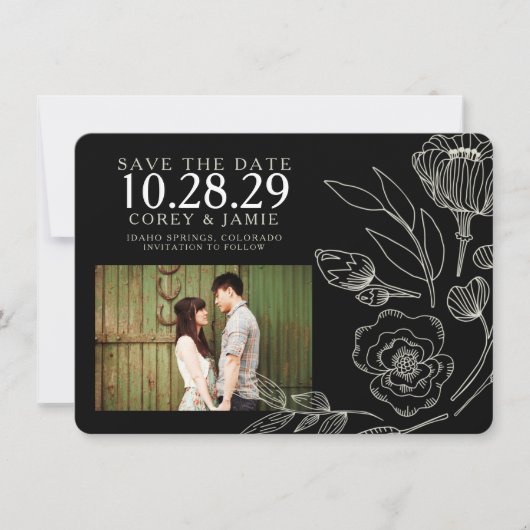 Schwarze Elegante Blumenhochzeit Save The Date (Vorderseite)