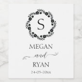 Schwarze Elegante Blumenrahmen Monogram Herz Wine  Weinetikett (Einzelnes Label)