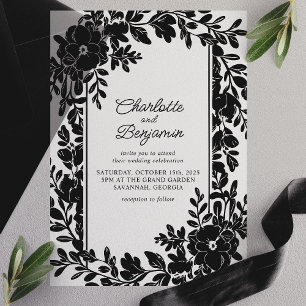 Schwarze elegante Blumenrandrahmen-Hochzeit Pergament Einladungen