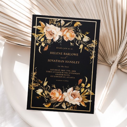 Schwarze Elegante Flora Moderne Hochzeit Einladung